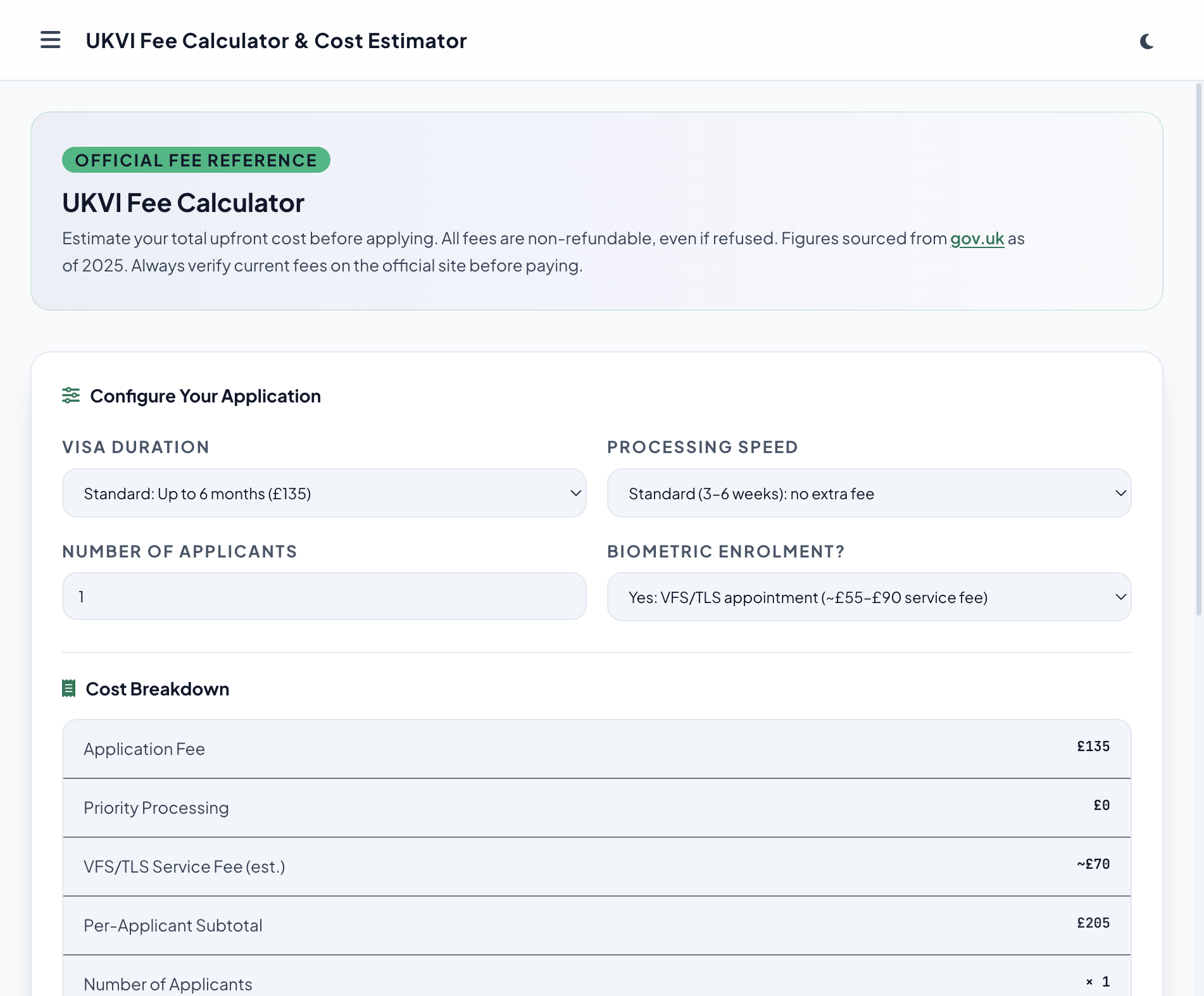 UKVI Fee Calculator with visa type selector and itemised cost breakdown