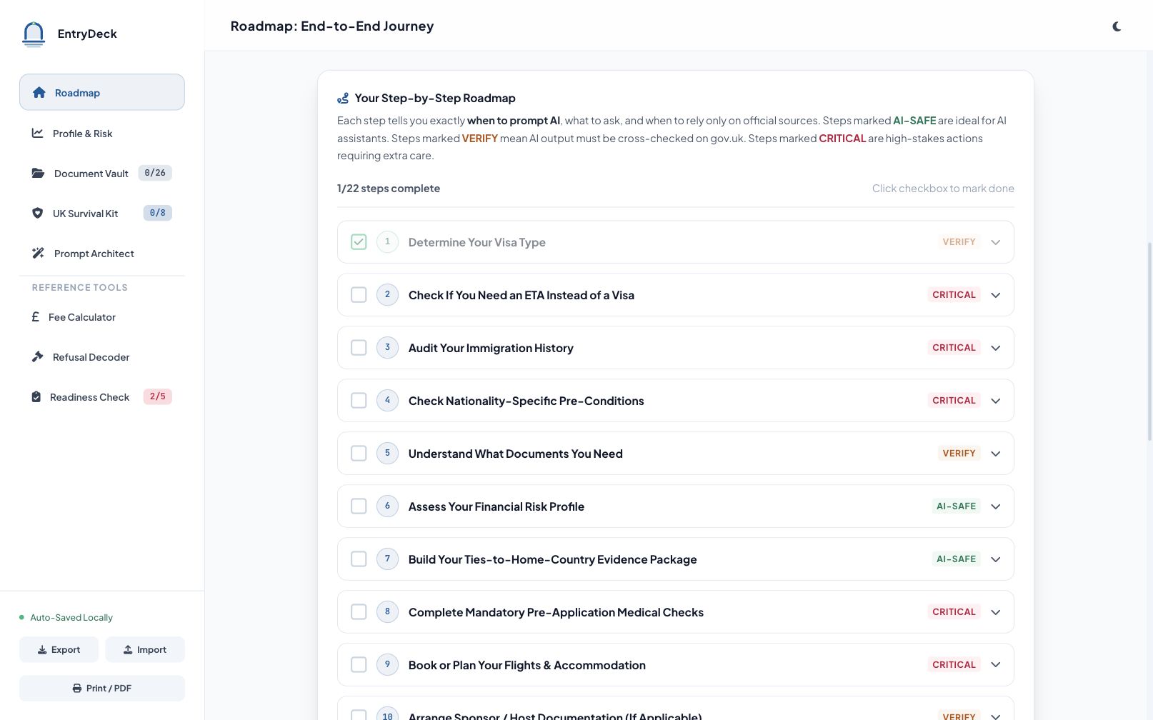 EntryDeck app showing the 22-step UK visa roadmap with AI-SAFE, VERIFY and CRITICAL step badges