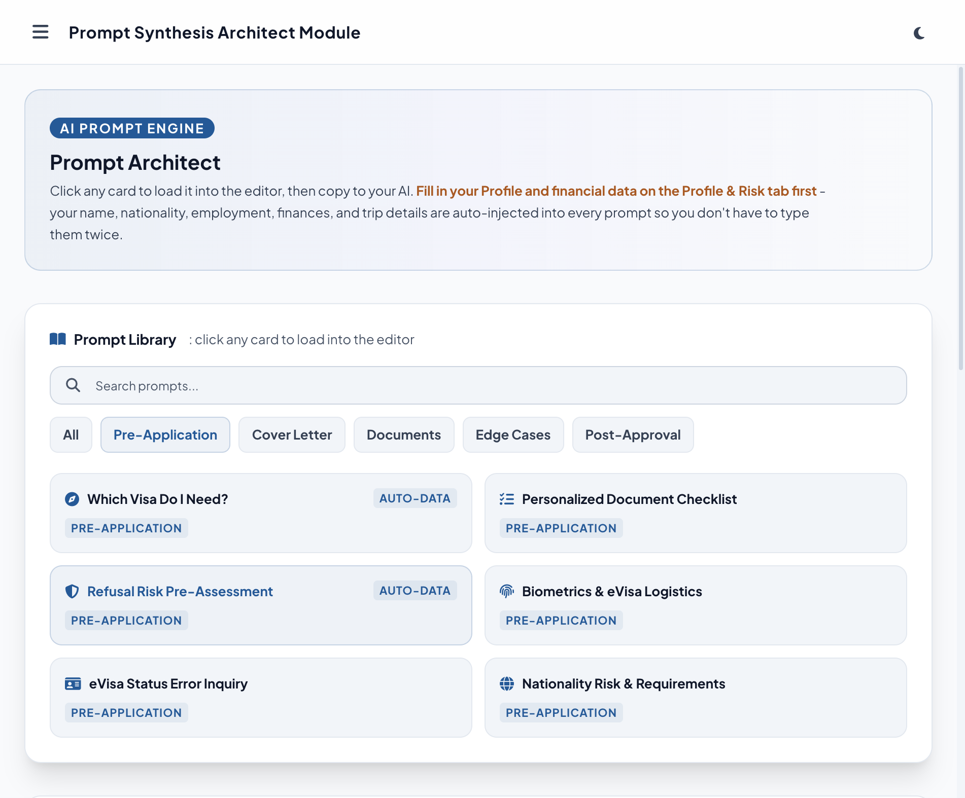 Prompt Architect showing AI prompt card library with category filters