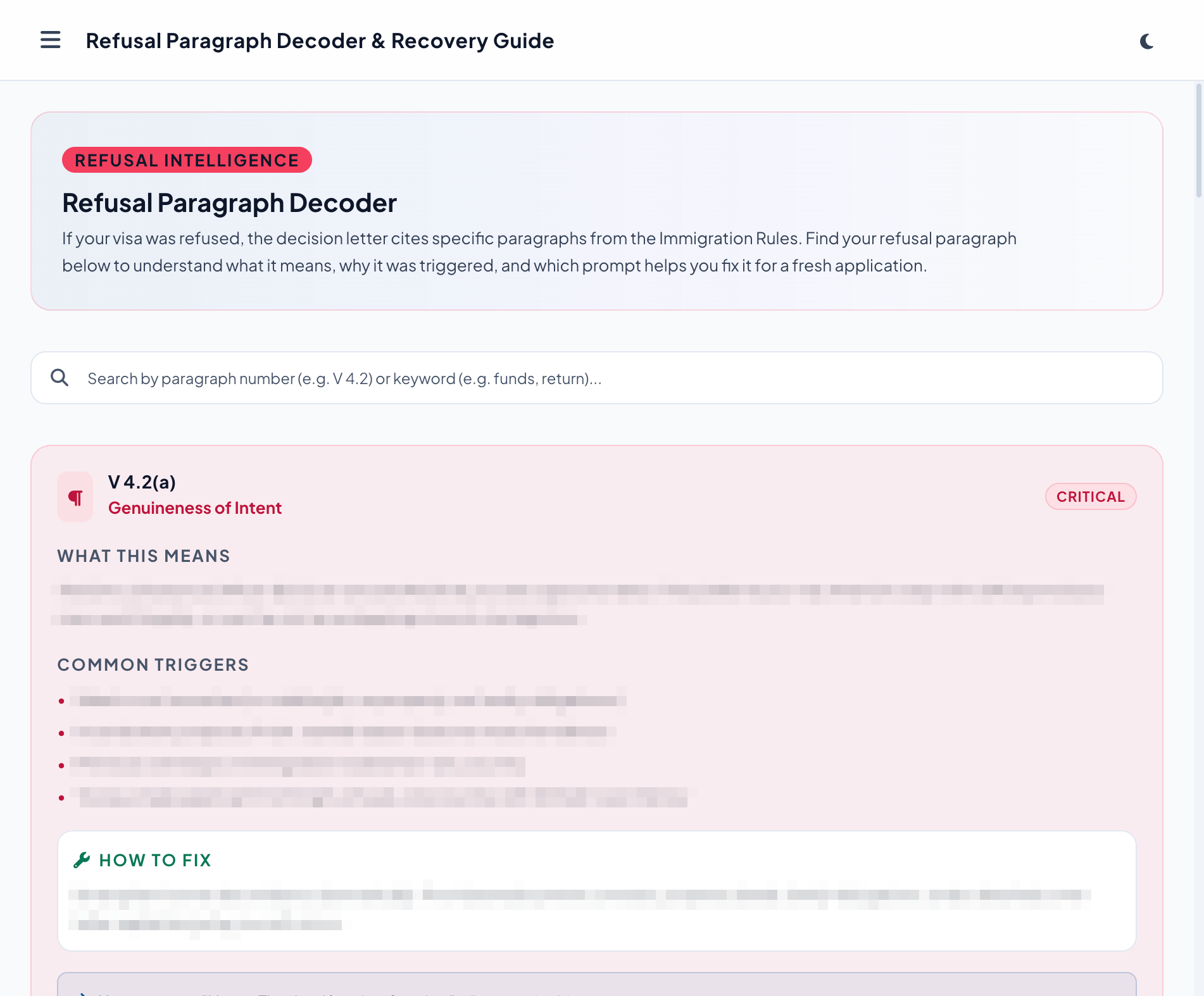 Refusal Decoder showing Immigration Rules paragraph lookup with recovery guidance