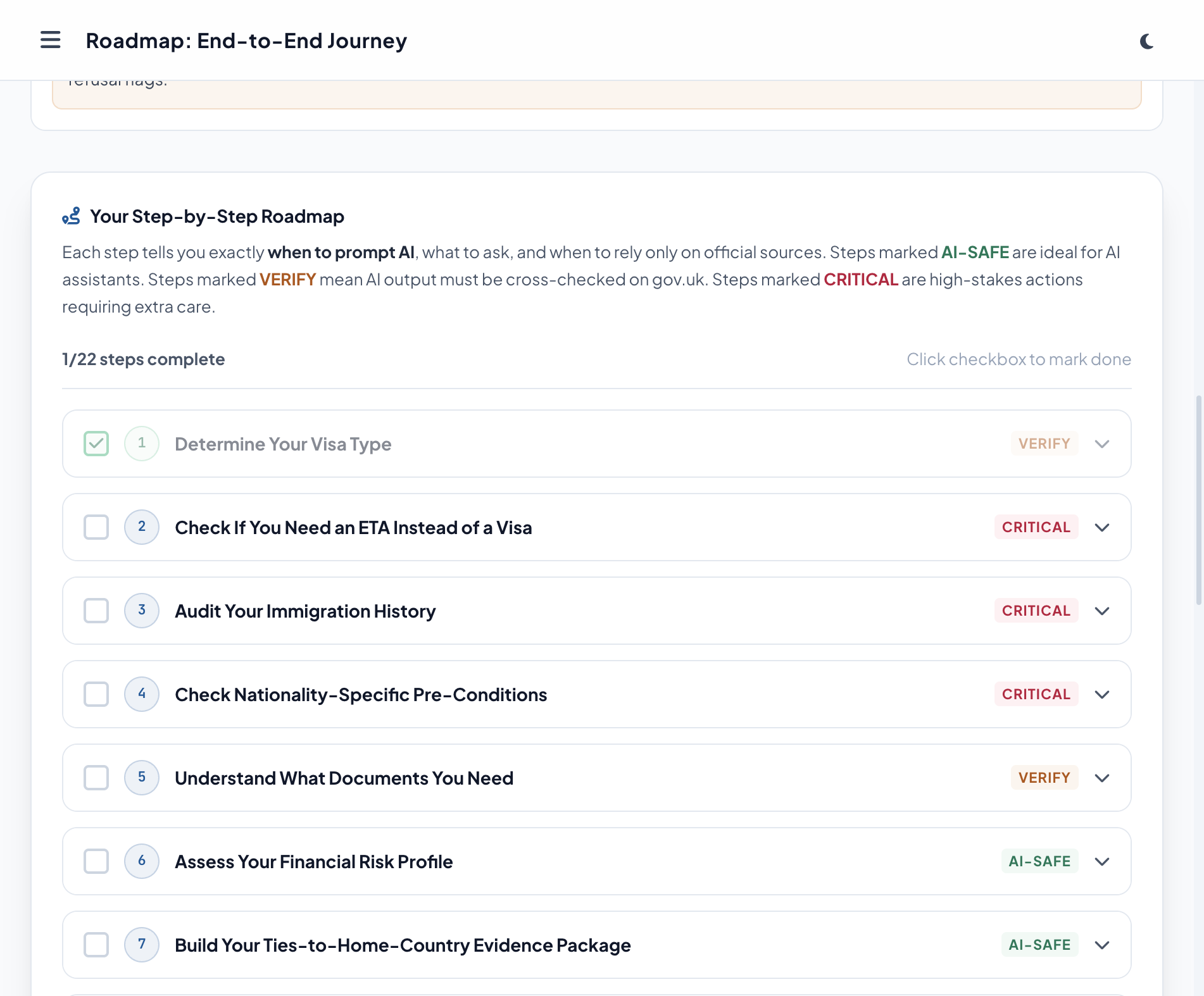Roadmap module showing steps with AI-SAFE, VERIFY and CRITICAL badges