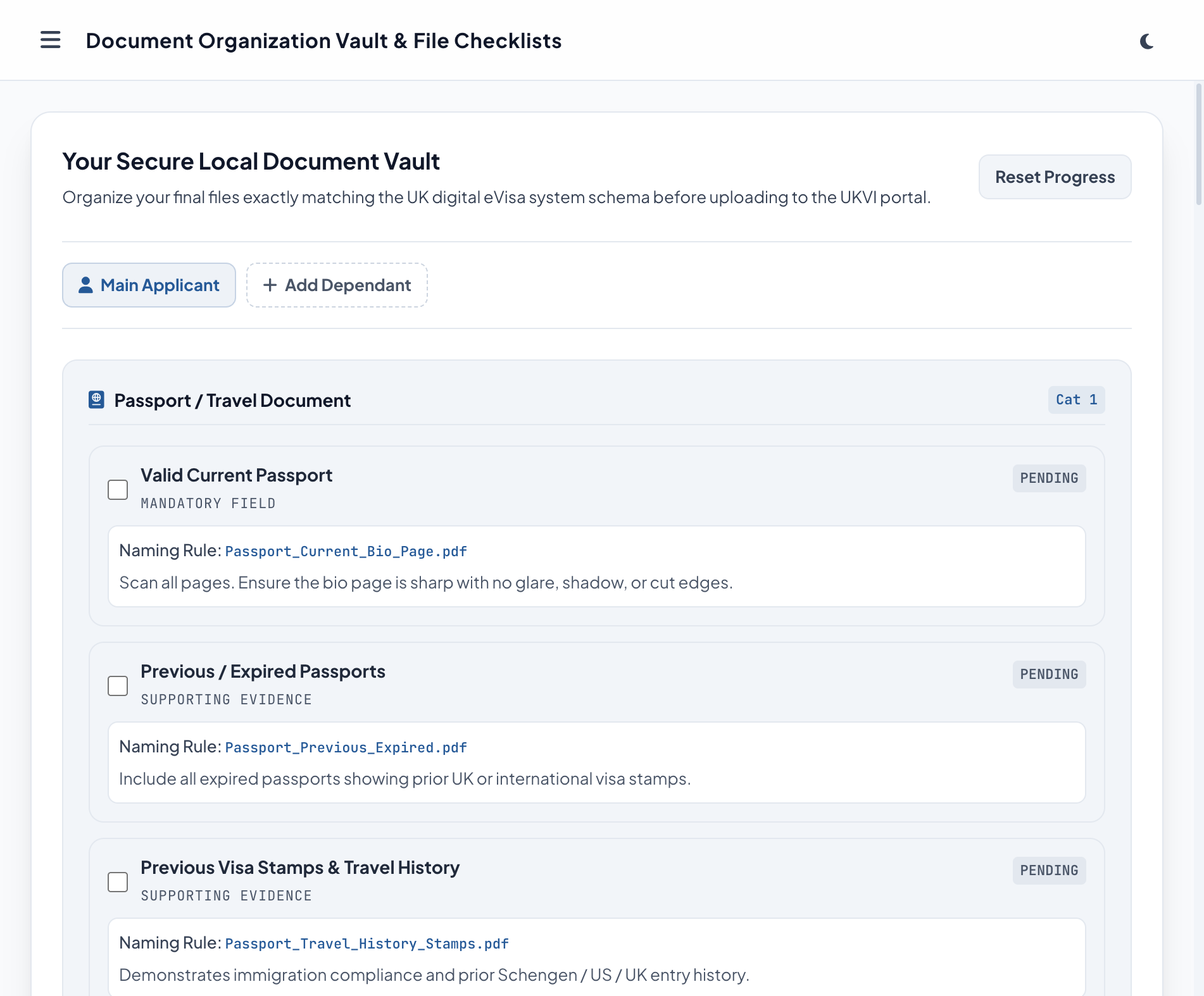 Document Vault showing UKVI document categories with exact naming rules